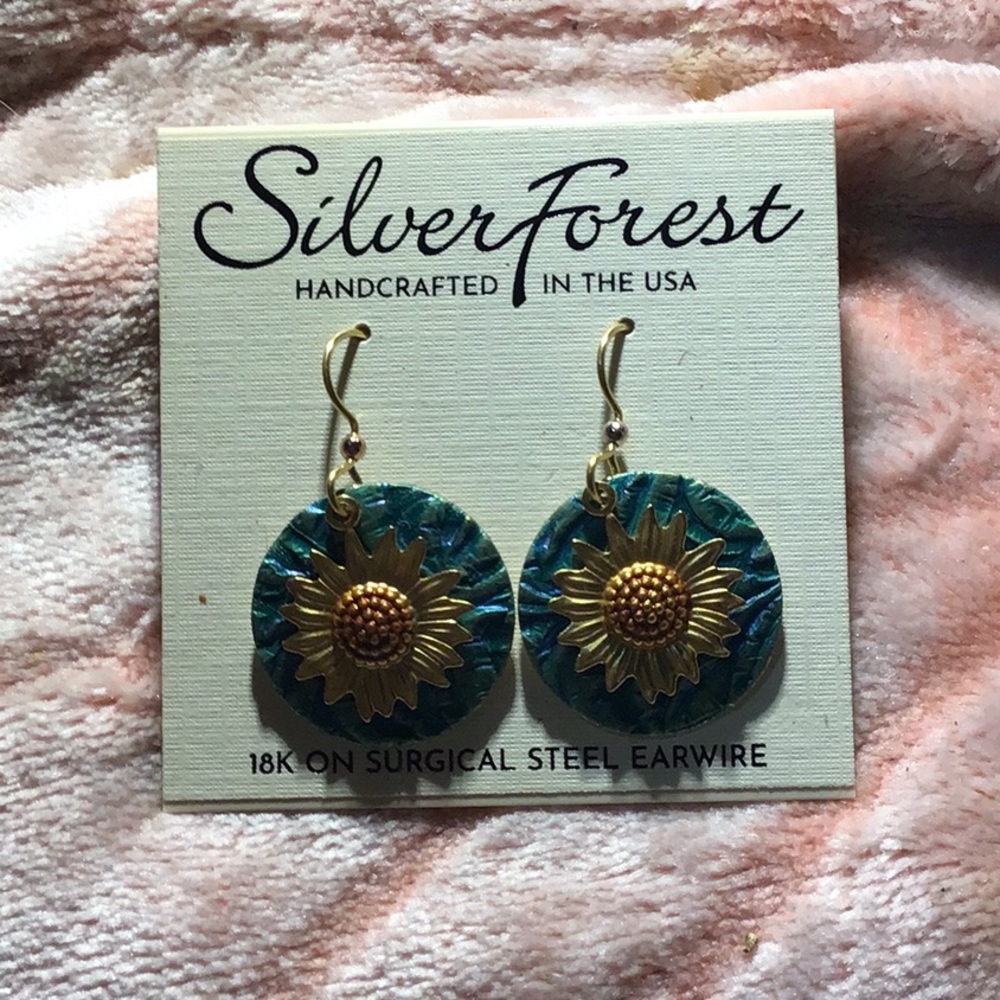 18K on Surgical Steel yellow gold &;green Sunflowers with sterling Silver hooks
